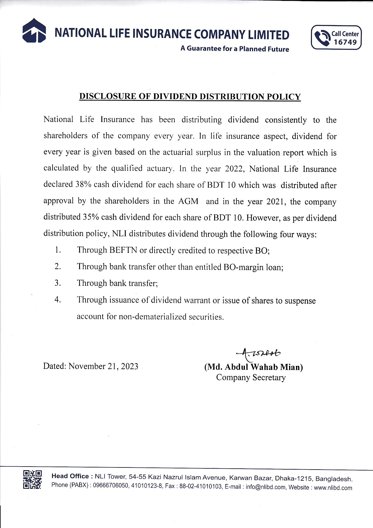 Disclosure of Dividend Distribution Policy